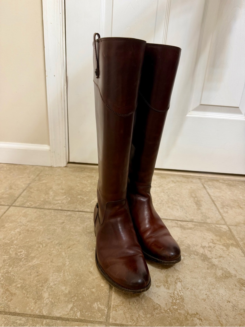 Frye Melissa Button Leather Riding Boots in Dark Brown Cognac